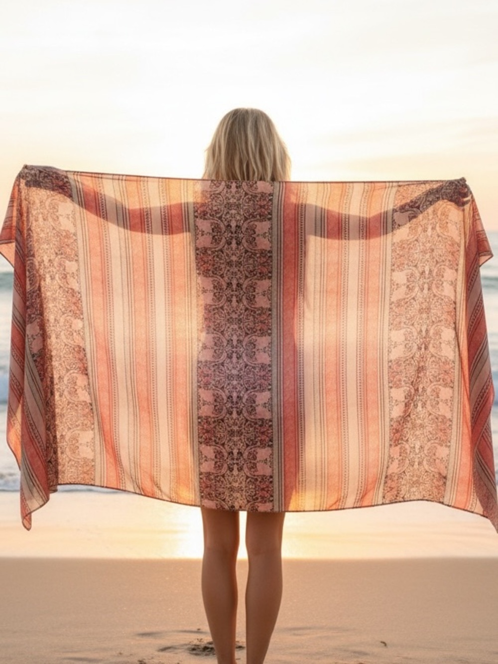 Sheer Polyester Kimono Shawl in Peach and Coral Paisley Stripe